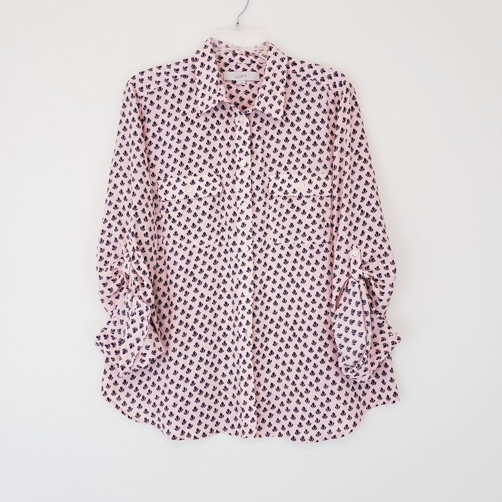 LOFT Blush Pink Gray Blue Print Blouse Roll Tab